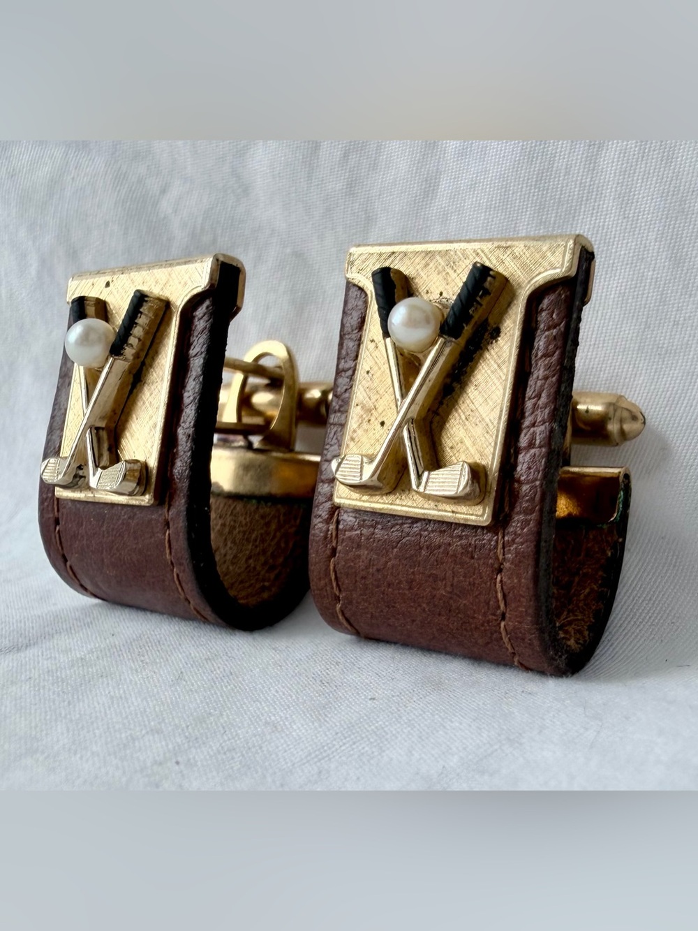 Golf Cufflinks Crossed Clubs Ball Brown Leather Gold Tone Vintage Men’s